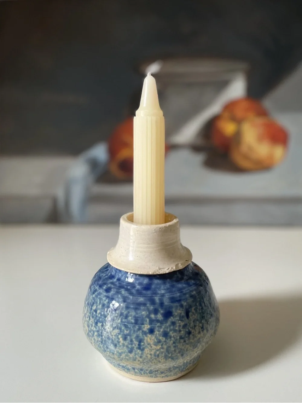 Signed Studio Pottery Handmade Ceramic Blue Mottled Candle Holder